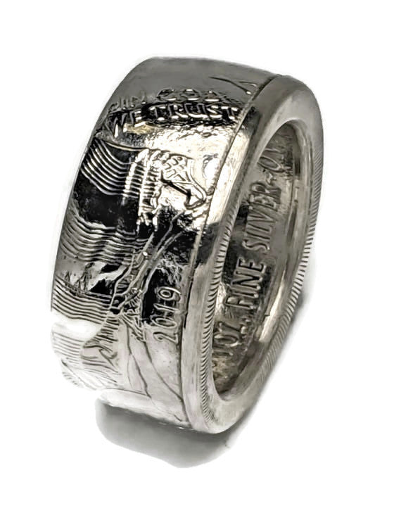 Handcrafted American Silver Eagle coin ring made from one ounce of .999 fine silver.