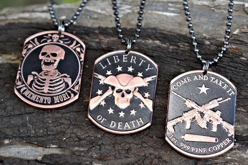 Set of three copper dog tag necklaces featuring Liberty or Death, Memento Mori, and Molon Labe