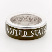 Opposite side of green Army silver coin ring showing United States lettering