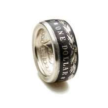 Black Morgan Silver Dollar coin ring showing ONE DOLLAR lettering