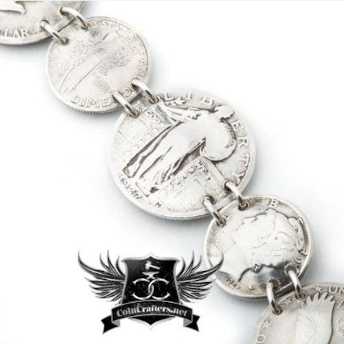 Standing Liberty quarter and Mercury dime coin bracelet showing handcrafted silver coin links