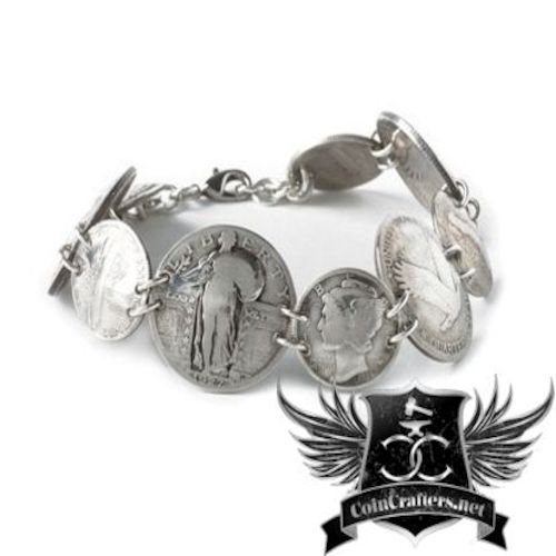 Handcrafted coin bracelet made with Standing Liberty quarters and Mercury dimes