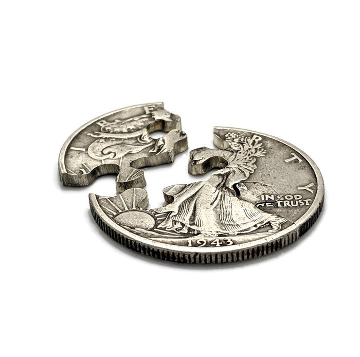 Three-piece Walking Liberty Half Dollar coin puzzle hand-cut from a genuine silver coin