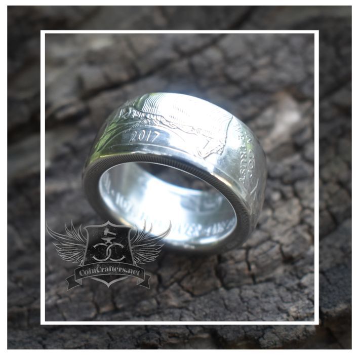 Handcrafted American Silver Eagle coin ring in polished .999 fine silver