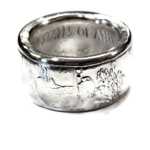 Side view of polished American Silver Eagle coin ring showing the handcrafted band