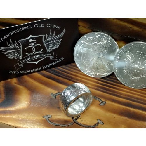 American Silver Eagle coin ring displayed with genuine Silver Eagle coin