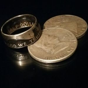 Franklin Half Dollar coin ring with black patina displayed with genuine 90% silver Franklin Half Dollars