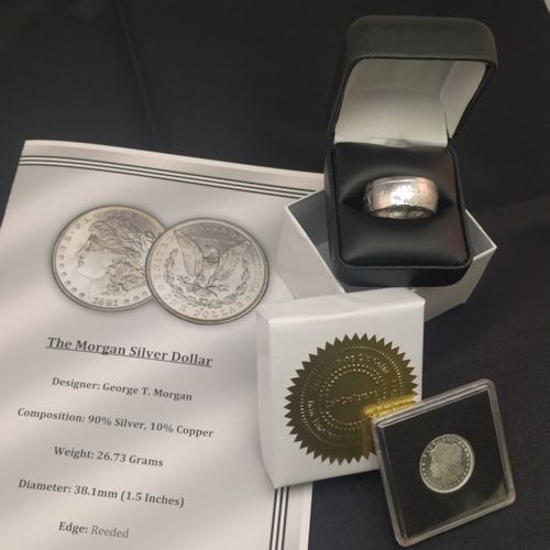 Morgan Silver Dollar coin ring gift set with presentation materials and 1/4 oz collectible round
