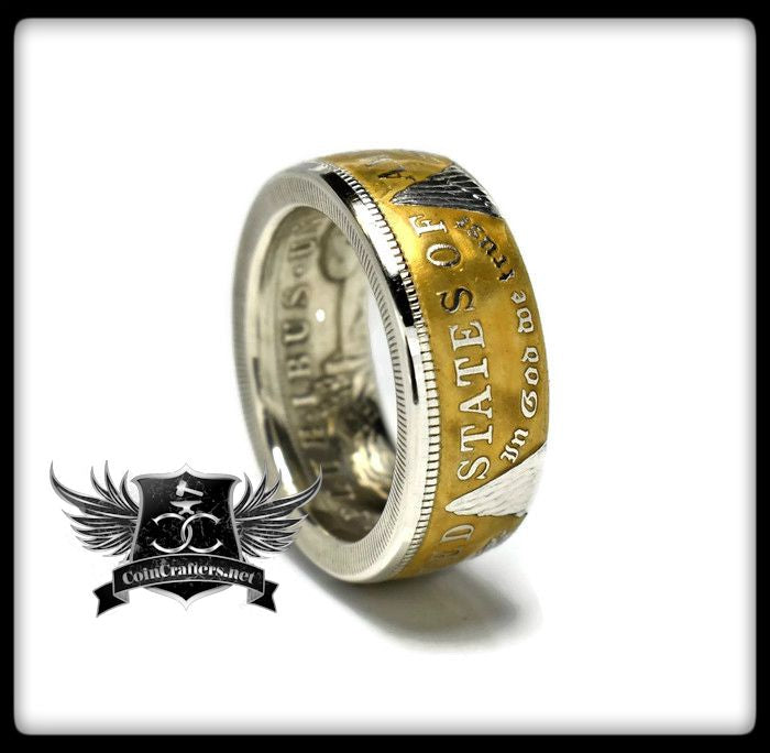 Colorized Morgan Silver Dollar coin ring in gold finish