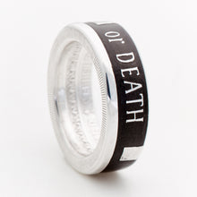 Opposite side of Liberty or Death silver coin ring showing DEATH lettering