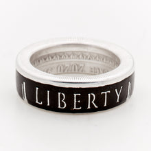 Side view of Liberty or Death silver coin ring showing LIBERTY lettering