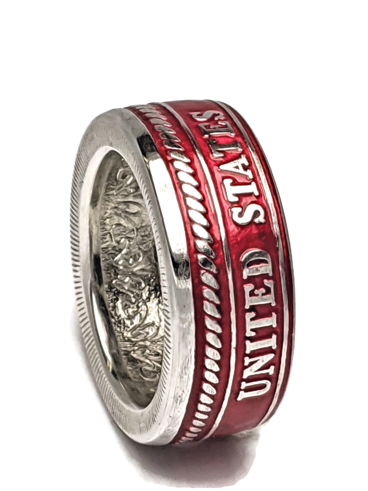 Opposite side of red Marines silver coin ring showing United States lettering