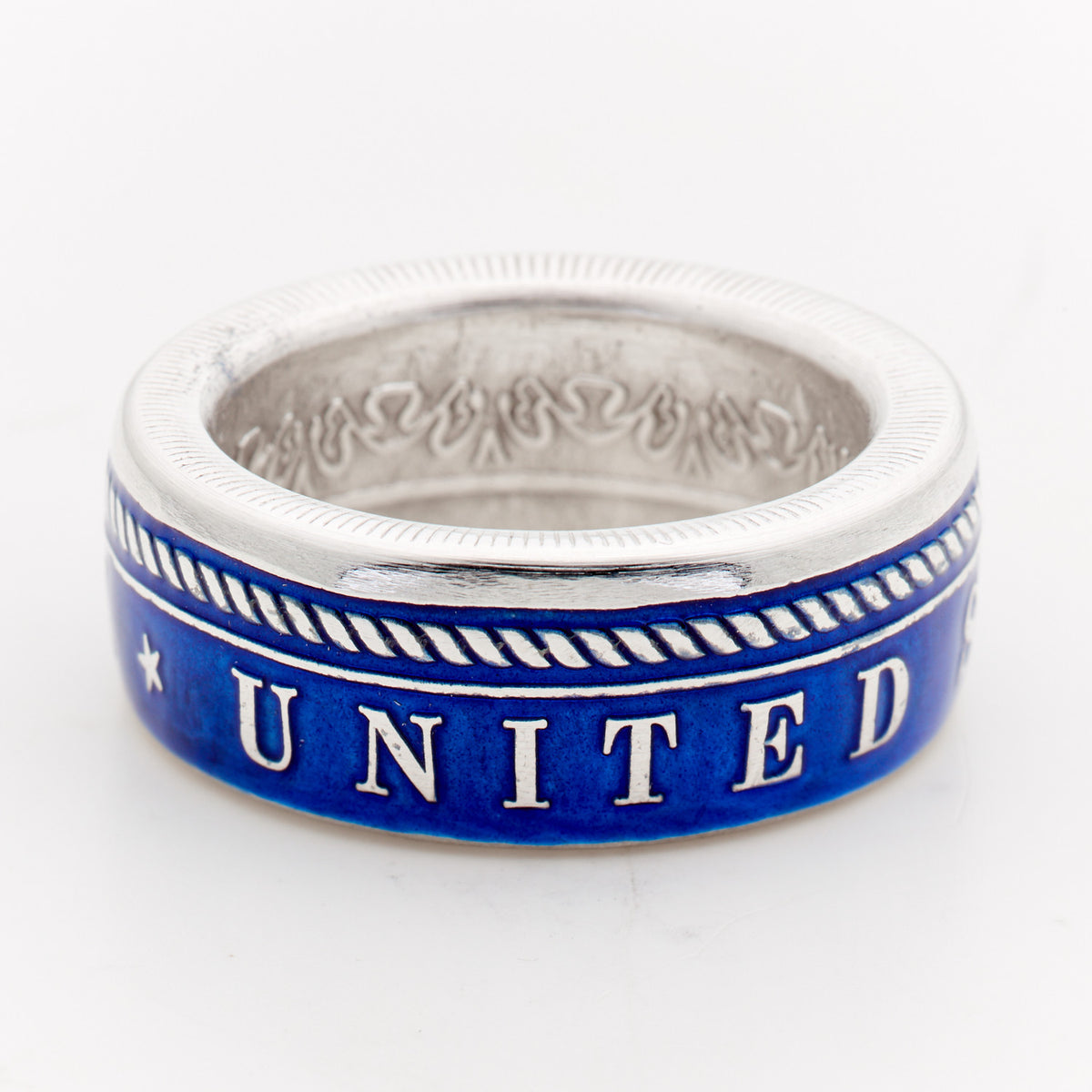 Blue U.S. Navy silver coin ring, opposite-side view
