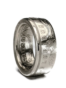 Morgan Silver Dollar coin ring with the obverse facing out, showing original coin details
