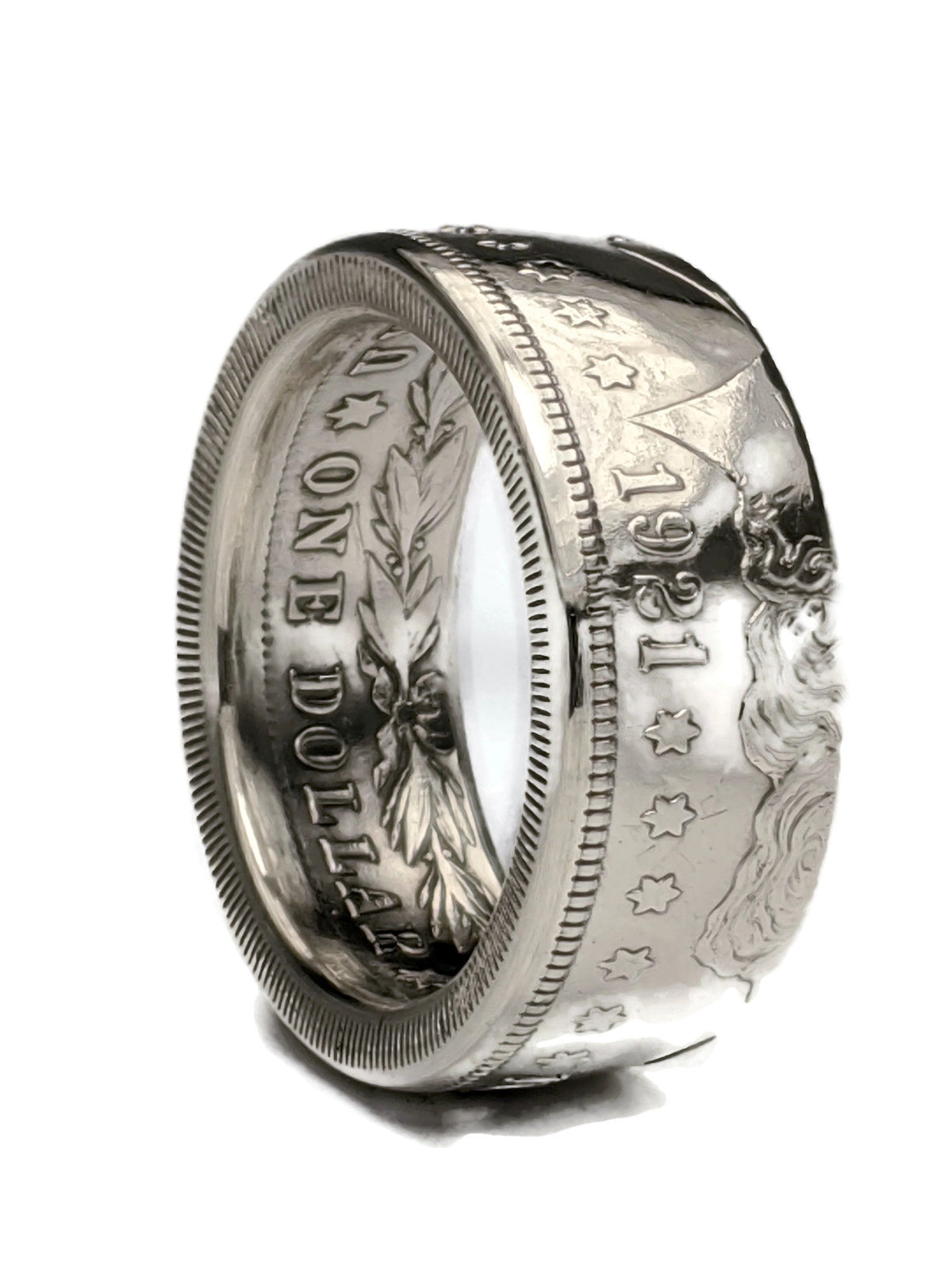 Hand-forged Morgan Silver Dollar coin ring with the obverse facing out