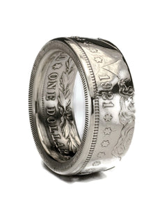 Hand-forged Morgan Silver Dollar coin ring with the obverse facing out