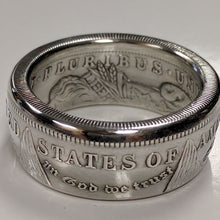 Handcrafted Morgan Silver Dollar coin ring showing the silver band and interior lettering