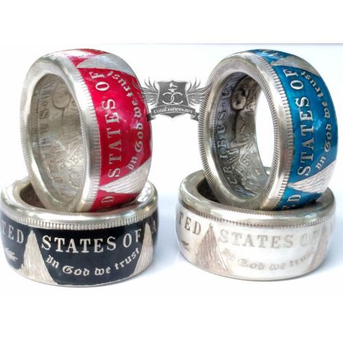 Colorized Morgan Silver Dollar coin rings in red, black, blue, and white finishes