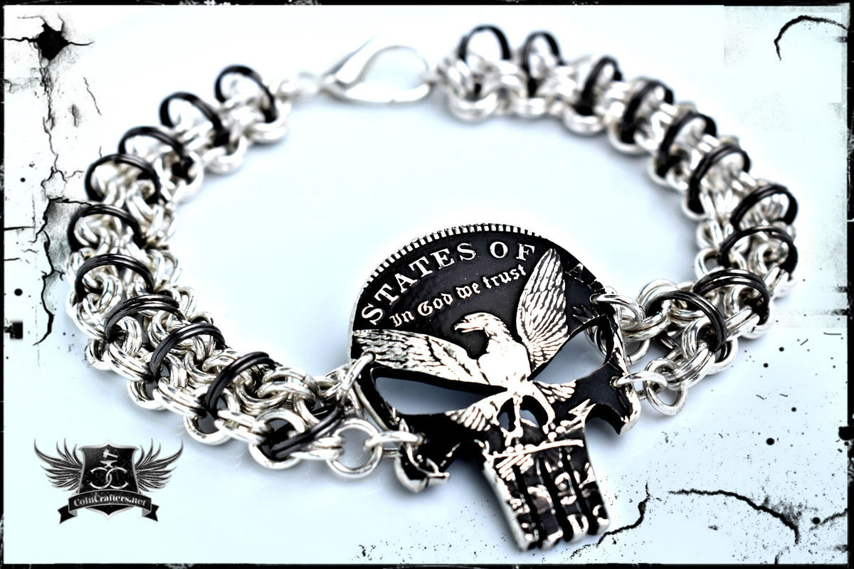 Punisher style silver dollar chain mail bracelet with hand-cut Morgan Dollar centerpiece