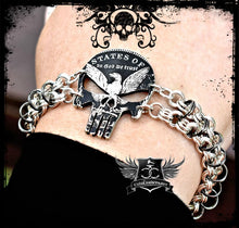 Punisher style Morgan Silver Dollar chain mail bracelet shown on wrist