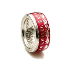 Red Morgan Silver Dollar coin ring showing ONE DOLLAR lettering