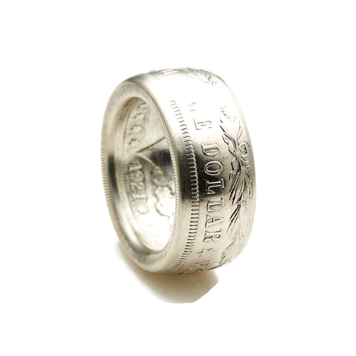 Side view of handcrafted Morgan Silver Dollar coin ring in 90% silver