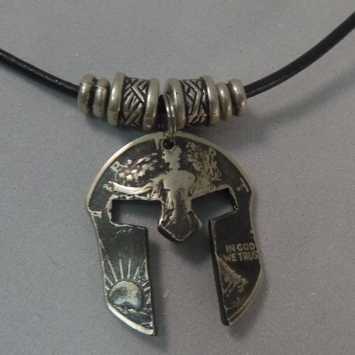 Spartan Mask coin necklace hand-cut from a Walking Liberty Half Dollar
