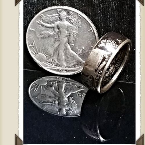 Walking Liberty Half Dollar coin ring displayed with genuine Walking Liberty silver half dollars, obverse facing out