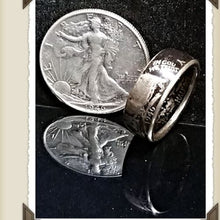 Walking Liberty Half Dollar coin ring displayed with genuine Walking Liberty silver half dollars, obverse facing out