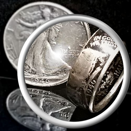 Handcrafted Walking Liberty Half Dollar coin ring with authentic silver coin background