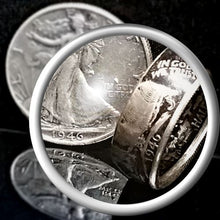 Handcrafted Walking Liberty Half Dollar coin ring with authentic silver coin background