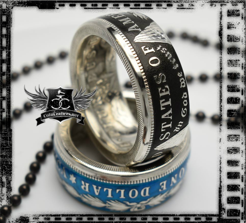 Colorized Morgan Silver Dollar coin ring in black and blue finish