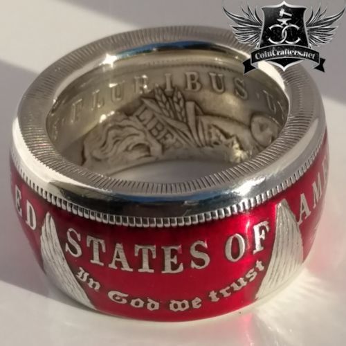 Colorized Morgan Silver Dollar coin ring in red finish
