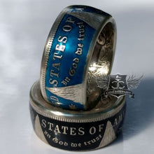 Colorized Morgan Silver Dollar coin rings in blue and black finishes