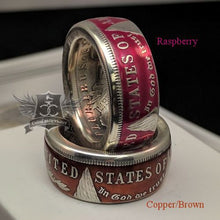 Colorized Morgan Silver Dollar coin rings in raspberry and copper finishes