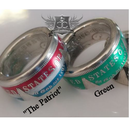 Colorized Morgan Silver Dollar coin rings in Patriot and green finishes