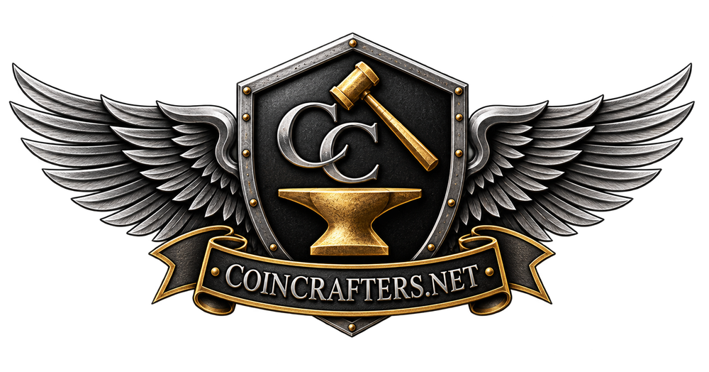CoinCrafters.net winged forge emblem with interlocking CC, hammer and anvil