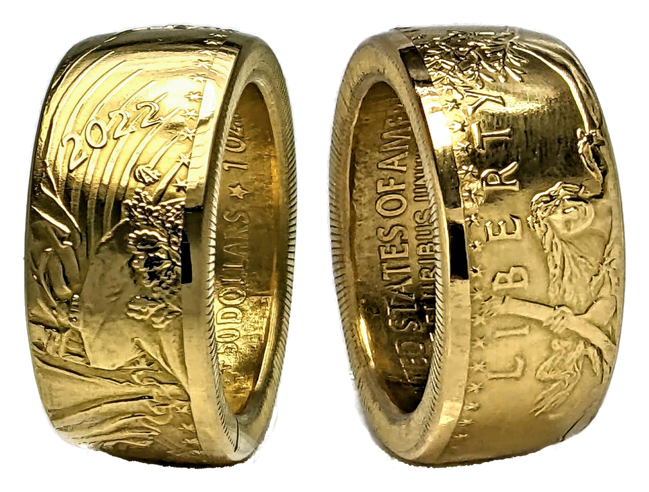 Two views of a handcrafted 2022 gold coin ring by CoinCrafters