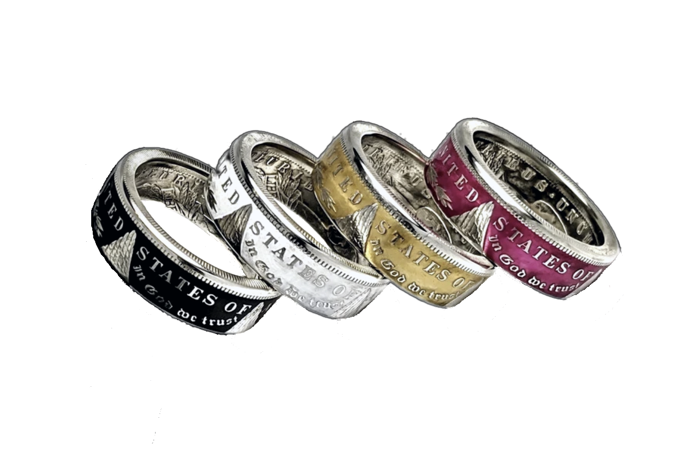 Five handcrafted CoinCrafters coin rings in black, natural silver, gold and red finishes